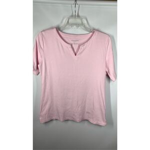 Talbots Women's Solid Cotton Split Neck Short Sleeve T-Shirt Pink Size Medium